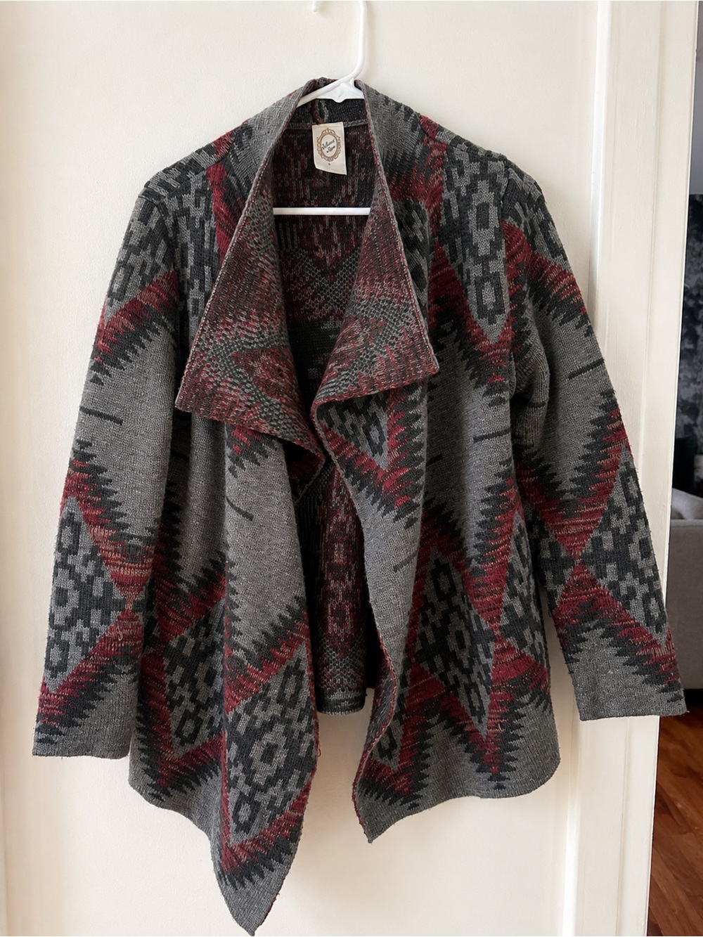 Southwestern Aztec Cardigan Sweater | Boho Drape Front | Burgundy Gray | Large